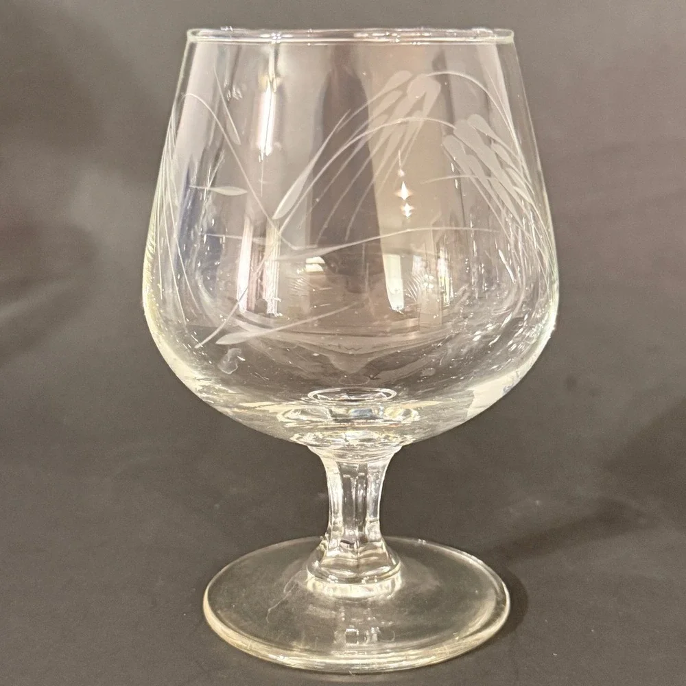 Vintage Etched Wheat Brandy Snifters Clear Glass Short Stem Set of 6 MCM